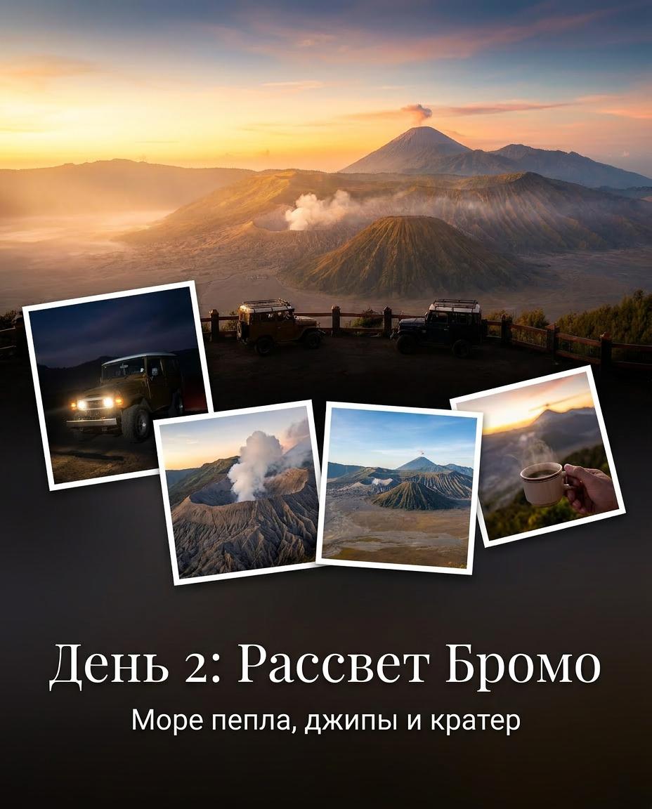 Рассвет над вулканом Бромо и морем пепла